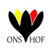Het logo van Ons Hof saffraankrokus in belgische kleuren
